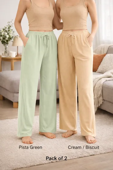 Women’s Pista Green & Cream High Waist Wide Leg Palazzo Pants Combo – Loose Fit Lounge Trousers with Drawstring Pockets, Soft Comfortable Casual Travel & Office Wear (Pack of 2) Women’s Pista Green & Cream High Waist Wide Leg Palazzo Pan thumbnail 3
