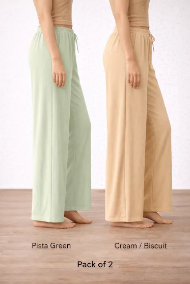 Women’s Pista Green & Cream High Waist Wide Leg Palazzo Pants Combo – Loose Fit Lounge Trousers with Drawstring Pockets, Soft Comfortable Casual Travel & Office Wear (Pack of 2) Women’s Pista Green & Cream High Waist Wide Leg Palazzo Pan image 3