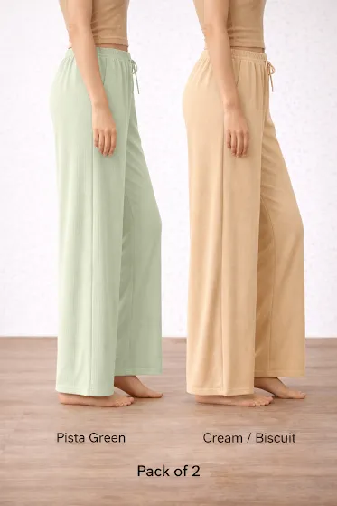 Women’s Pista Green & Cream High Waist Wide Leg Palazzo Pants Combo – Loose Fit Lounge Trousers with Drawstring Pockets, Soft Comfortable Casual Travel & Office Wear (Pack of 2) Women’s Pista Green & Cream High Waist Wide Leg Palazzo Pan thumbnail 2