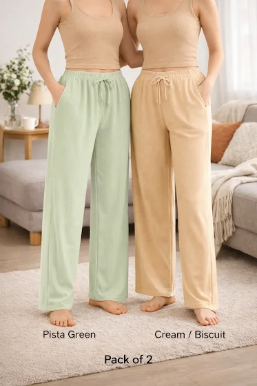 Women’s Pista Green & Cream High Waist Wide Leg Palazzo Pants Combo – Loose Fit Lounge Trousers with Drawstring Pockets, Soft Comfortable Casual Travel & Office Wear (Pack of 2) Women’s Pista Green & Cream High Waist Wide Leg Palazzo Pan image 4
