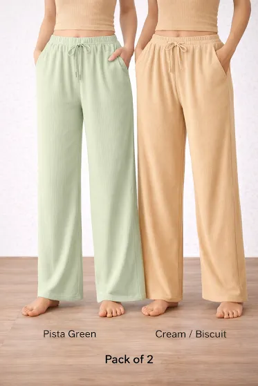 Women’s Pista Green & Cream High Waist Wide Leg Palazzo Pants Combo – Loose Fit Lounge Trousers with Drawstring Pockets, Soft Comfortable Casual Travel & Office Wear (Pack of 2) Women’s Pista Green & Cream High Waist Wide Leg Palazzo Pan thumbnail 0
