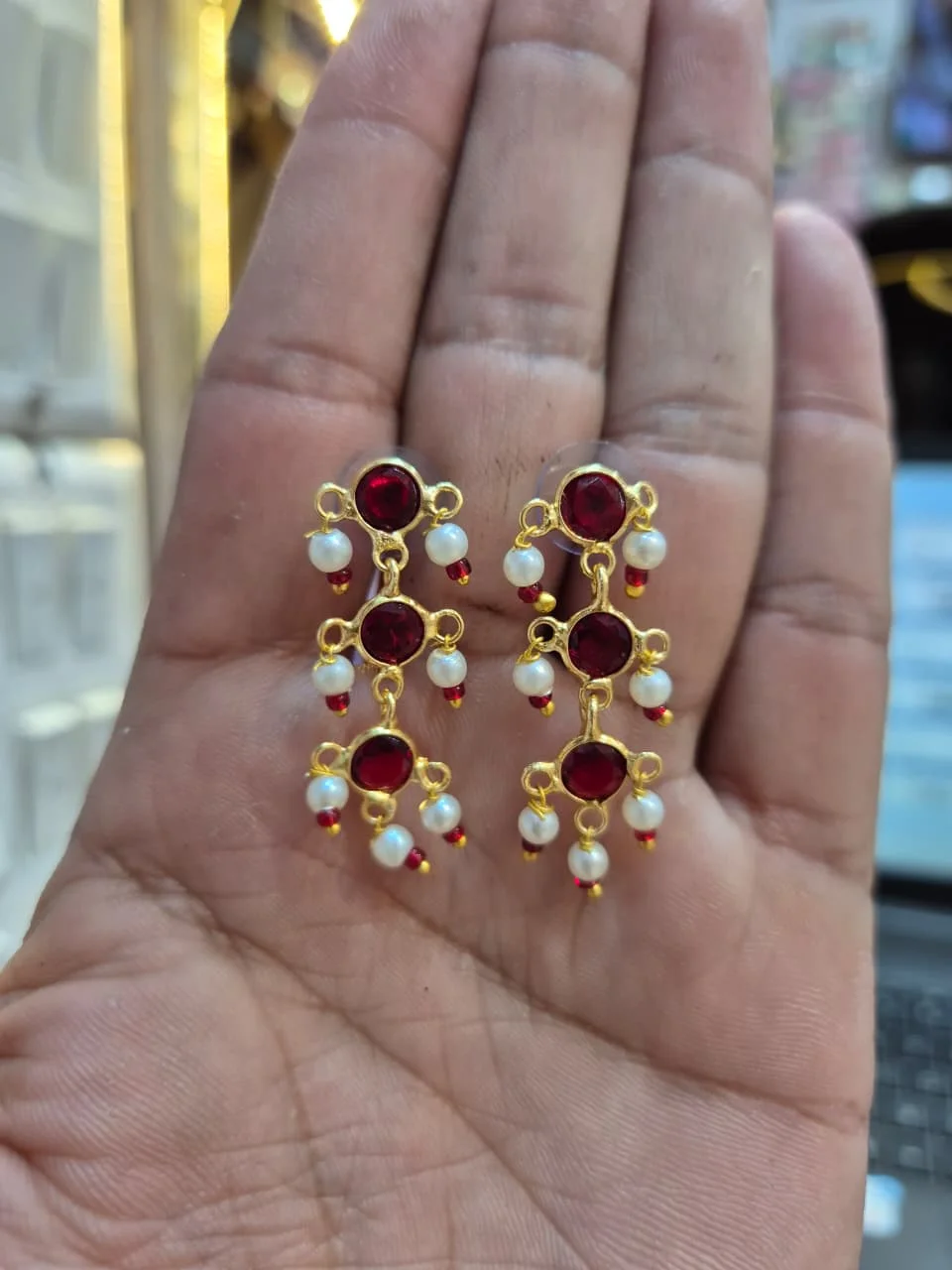 Jaipuri kundan earrings mperial Crimson Bloom: Exquisite Handcrafted Jaipuri Red Meena Kundan Chandbali Earrings with Intricate Micro-Pearl Tassels for Traditional | Festive Occasions image 2