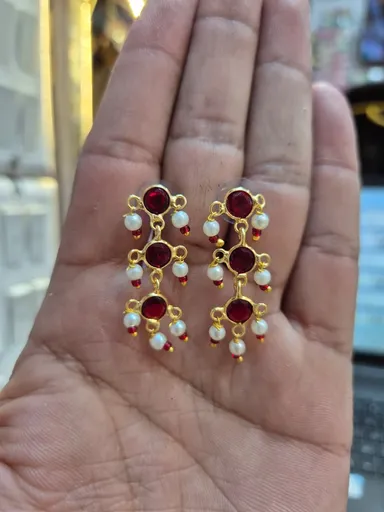 Jaipuri kundan earrings mperial Crimson Bloom: Exquisite Handcrafted Jaipuri Red Meena Kundan Chandbali Earrings with Intricate Micro-Pearl Tassels for Traditional | Festive Occasions thumbnail 1