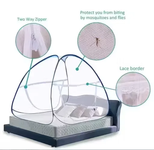Double Bed Mosquito Net Tent 6x6 Ft Polyester Foldable Pop Up Mosquito Protection Net for Queen Size Bed with Zipper Door Breathable Washable India Bedroom Safety Net image 2