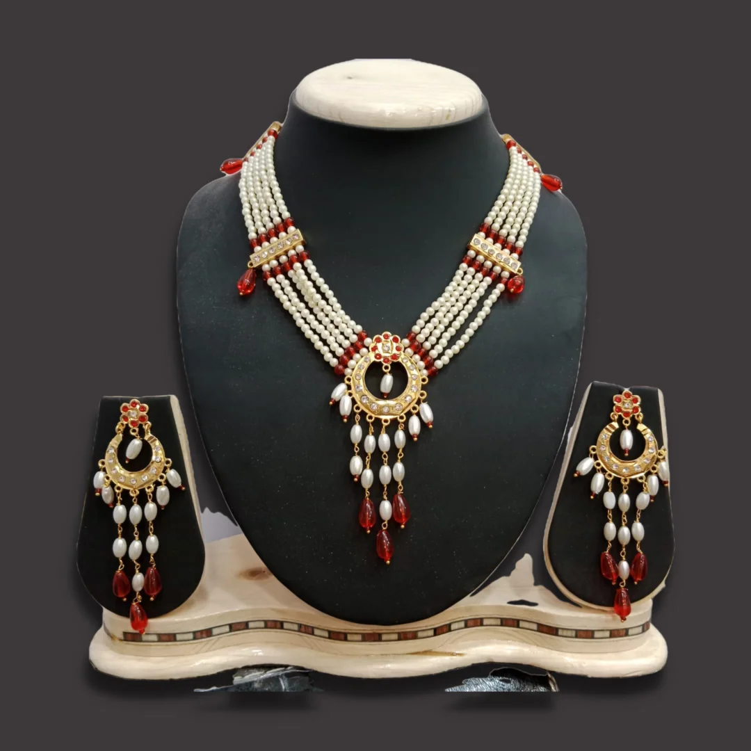 Exquisite Premium Jaipuri Handcrafted 5-Strand Pearl Necklace with Ruby-Red Stones, Gold Plated Finish Featuring Matching Traditional Chandbali Drop Earrings – Ethnic Indian Jewelry Set for Weddings| Festivals, and Special Occasions image 1