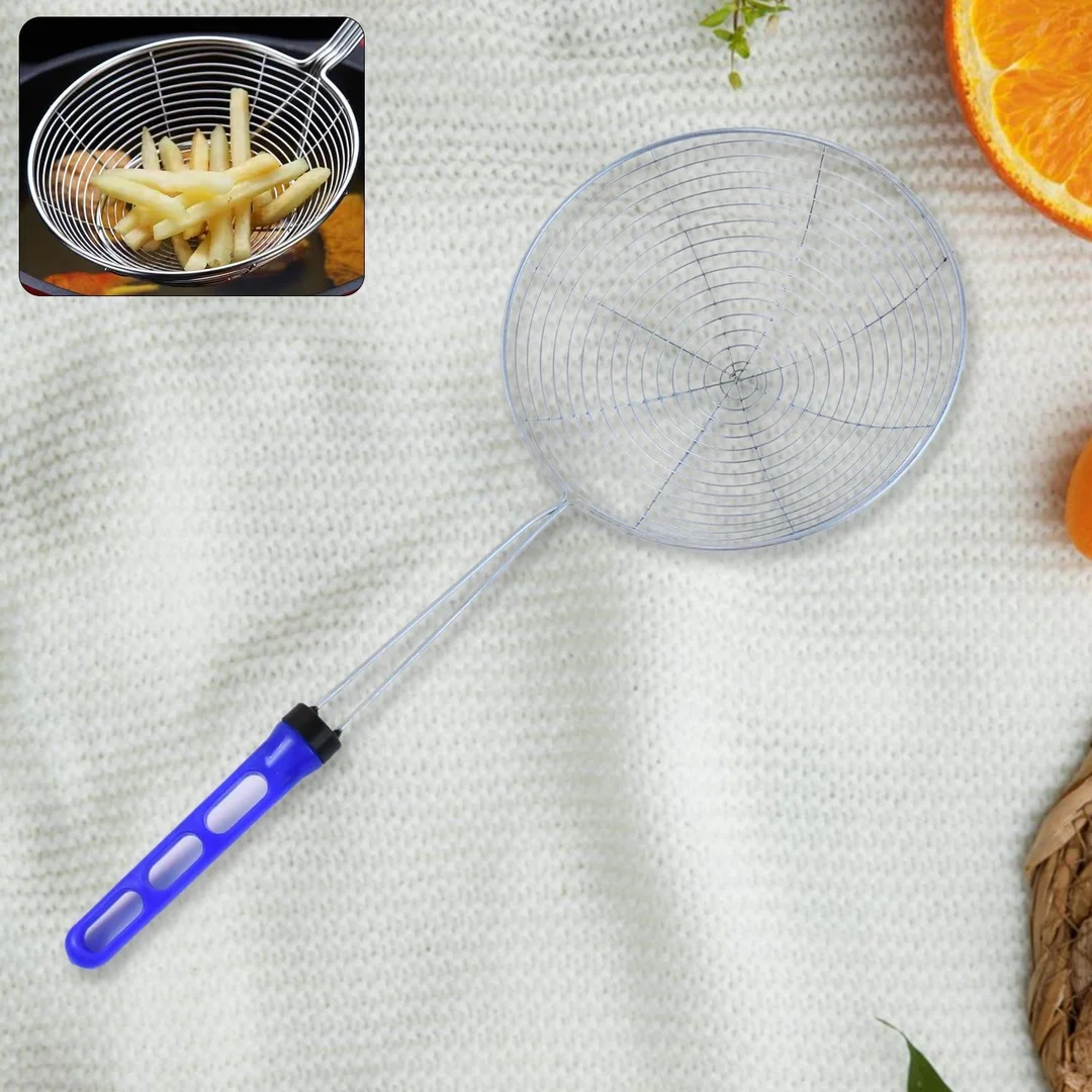 Stainless Steel Deep Fry Strainer Big Size Jhara Oil Skimmer with Long Handle Heavy Duty Frying Strainer Spoon for Kitchen Cooking and Frying image 1