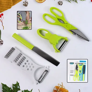 4-Piece Kitchen Cutting Set: Scissors, Peeler, Grater / Slicer, and Knife thumbnail 0