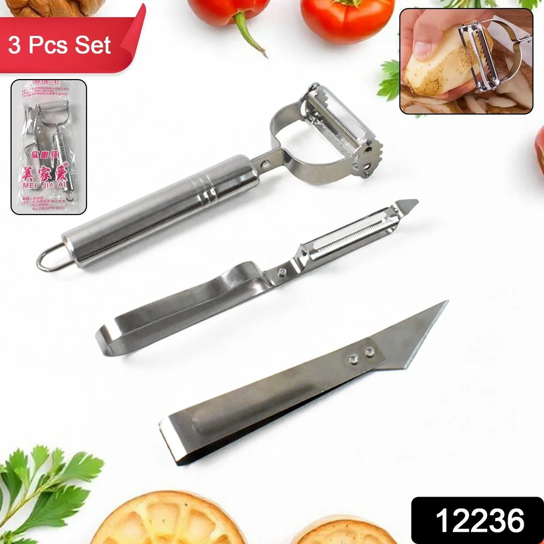 3 In 1 Stainless Steel Vegetable and Fruit Peeler Set (3 Pcs Set) image 2