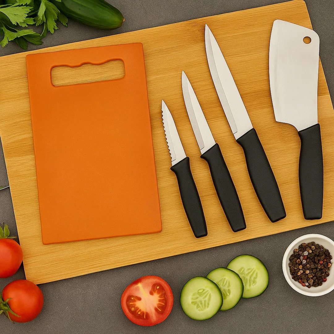 Kitchen Chopping Board and Knife Set Combo 5 Pieces | Wooden Cutting Board with Stainless Steel Chef Knife, Utility Knife, Paring Knife |Slicer | Multipurpose Kitchen Tool Set image 1
