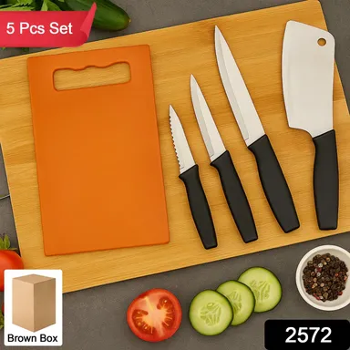 Kitchen Chopping Board and Knife Set Combo 5 Pieces | Wooden Cutting Board with Stainless Steel Chef Knife, Utility Knife, Paring Knife |Slicer | Multipurpose Kitchen Tool Set thumbnail 1