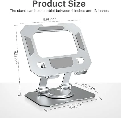 Aluminium 360° Rotatable Tablet Stand Adjustable Foldable Metal Holder for iPad Samsung Lenovo Tablets & Smartphones Desk Table Bed Study Use Silver Heavy Duty Flexible Viewing Mount India image 3
