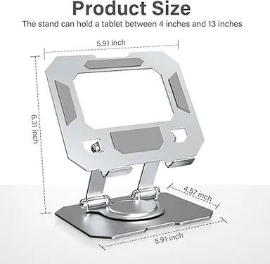Aluminium 360° Rotatable Tablet Stand Adjustable Foldable Metal Holder for iPad Samsung Lenovo Tablets & Smartphones Desk Table Bed Study Use Silver Heavy Duty Flexible Viewing Mount India thumbnail 2