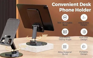 Adjustable 360° Rotation Desk Phone Stand Holder for All Phones & Tablets | Foldable Metal Base Thick Case Compatible Mobile & Tablet Mount thumbnail 1