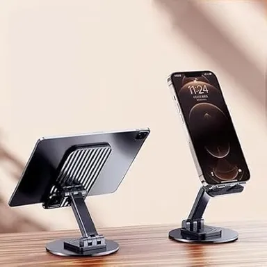 Adjustable 360° Rotation Desk Phone Stand Holder for All Phones & Tablets | Foldable Metal Base Thick Case Compatible Mobile & Tablet Mount thumbnail 3