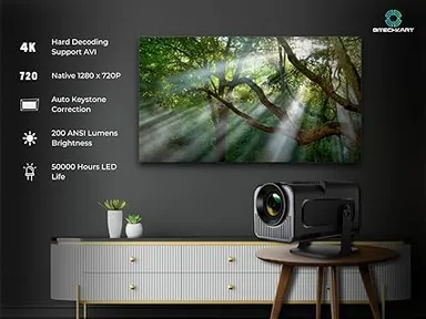 Bitechkart BIT470 Mini Projector 4K Support 30FPS 1080P Full HD 6000 Lumens Android 11 WiFi 6 Bluetooth 5.0 Built-in Speaker YouTube Netflix Prime Video Hotstar 180° Rotatable Portable Home Theater thumbnail 1