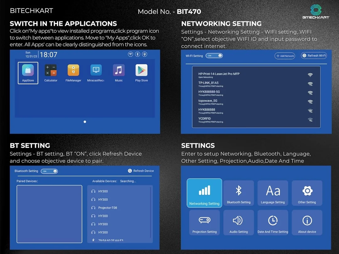Bitechkart BIT470 Mini Projector 4K Support 30FPS 1080P Full HD 6000 Lumens Android 11 WiFi 6 Bluetooth 5.0 Built-in Speaker YouTube Netflix Prime Video Hotstar 180° Rotatable Portable Home Theater image 6