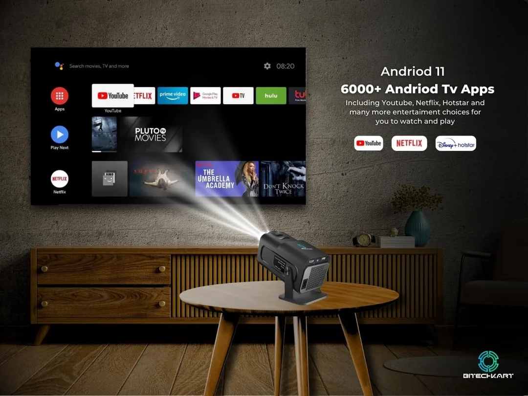 Bitechkart BIT470 Mini Projector 4K Support 30FPS 1080P Full HD 6000 Lumens Android 11 WiFi 6 Bluetooth 5.0 Built-in Speaker YouTube Netflix Prime Video Hotstar 180° Rotatable Portable Home Theater image 7