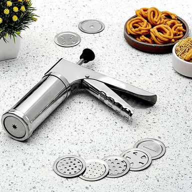 15-in-1 Stainless Steel Kitchen Press with 15 Interchangeable Discs – Multi-Purpose Murukku, Chakli, Sev,Idiyappam, Noodles, Gathiya, Bhujiya, Cookie, and Namkeen Snack Maker with Handle Grip and Locking Mechanism thumbnail 0