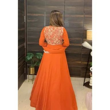 Women’s Orange Embroidered Anarkali Gown with Flared Sleeves & Matching Dupatta | Elegant Festive & Party Wear Ethnic Dress Women’s Orange Embroidered Anarkali Gown XL thumbnail 1