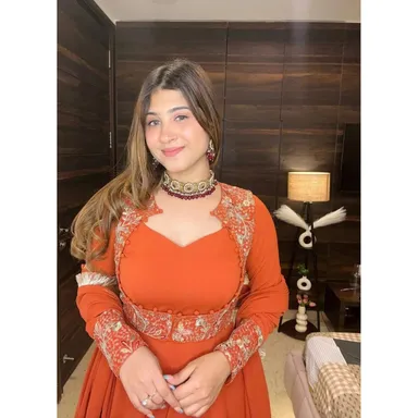 Women’s Orange Embroidered Anarkali Gown with Flared Sleeves & Matching Dupatta | Elegant Festive & Party Wear Ethnic Dress Women’s Orange Embroidered Anarkali Gown XL thumbnail 2