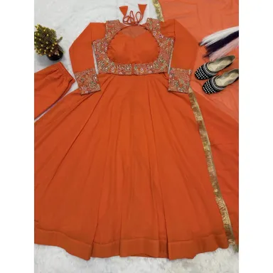 Women’s Orange Embroidered Anarkali Gown with Flared Sleeves & Matching Dupatta | Elegant Festive & Party Wear Ethnic Dress Women’s Orange Embroidered Anarkali Gown XL thumbnail 3