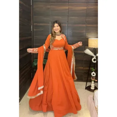 Women’s Orange Embroidered Anarkali Gown with Flared Sleeves & Matching Dupatta | Elegant Festive & Party Wear Ethnic Dress Women’s Orange Embroidered Anarkali Gown 3XL thumbnail 0