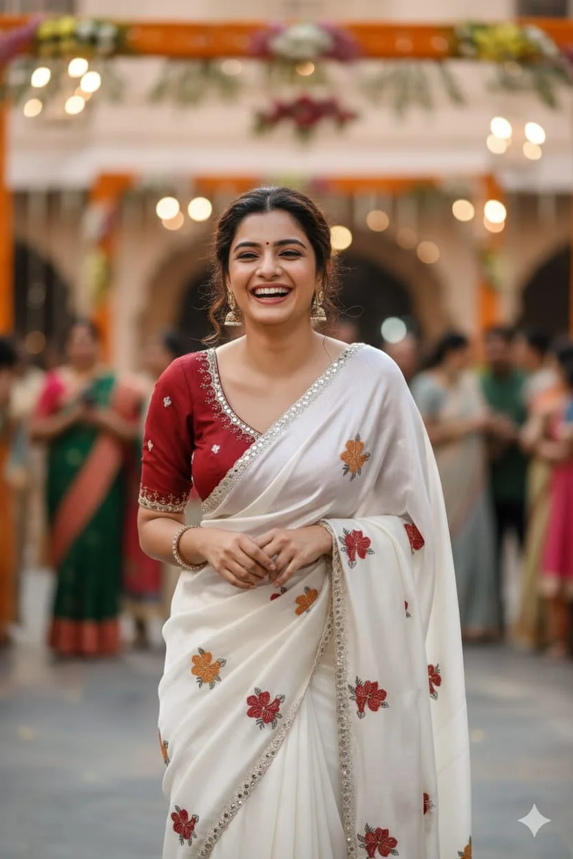 Women’s Off-White Floral Embroidered Saree with Elegant Border & Matching Blouse |Traditional Festive and Wedding Wear Women’s Off-White Floral Embroidered Saree Free Size image 2