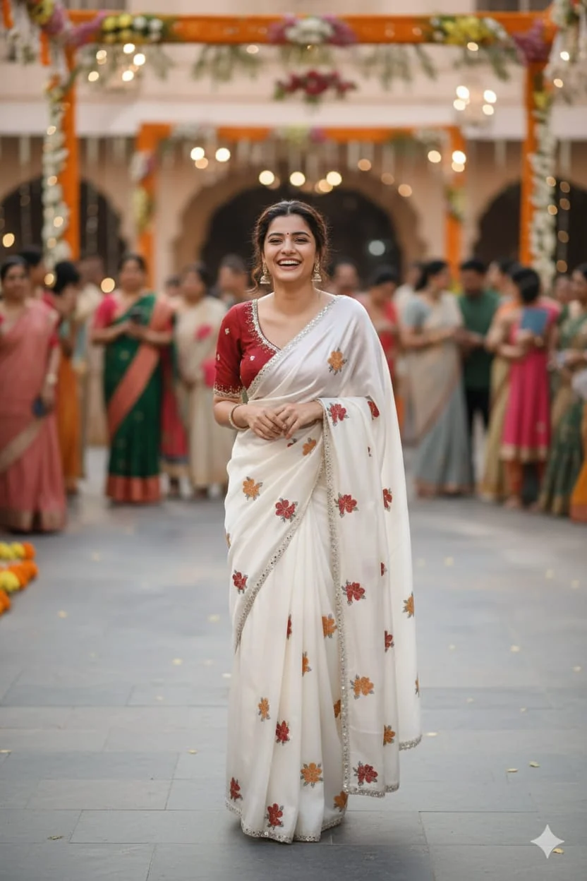Women’s Off-White Floral Embroidered Saree with Elegant Border & Matching Blouse |Traditional Festive and Wedding Wear Women’s Off-White Floral Embroidered Saree Free Size image 3