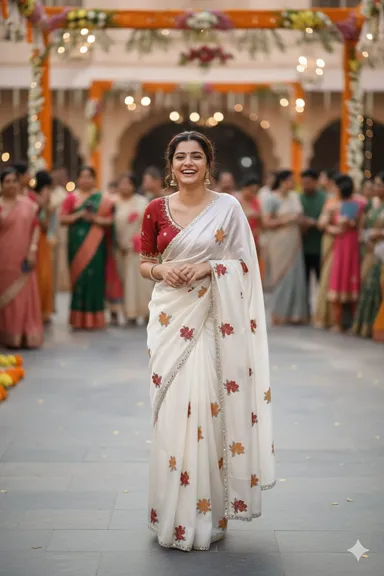 Women’s Off-White Floral Embroidered Saree with Elegant Border & Matching Blouse |Traditional Festive and Wedding Wear Women’s Off-White Floral Embroidered Saree Free Size thumbnail 2