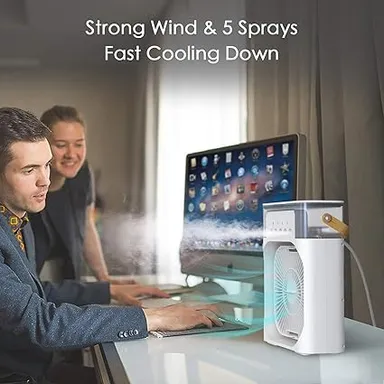 Portable Humidifier Air Cooler Mist Fan Mini USB Table Fan with Water Spray 3 Speed Modes 7 Colour LED Timer Personal Desk Cooler for Home Office Kitchen Shop White thumbnail 2