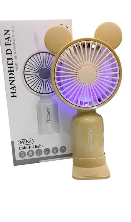 Mini Handheld Fan with LED Light Portable USB Rechargeable Personal Cooling Fan Mouse Ear Design Beige 3 Speed Compact Travel Desk Fan for Home Office Outdoor Use India image 1
