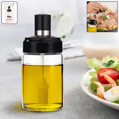 Clear Glass Oil Dispenser Bottle with Integrated Silicone Basting Brush (250ml Approx) thumbnail 0