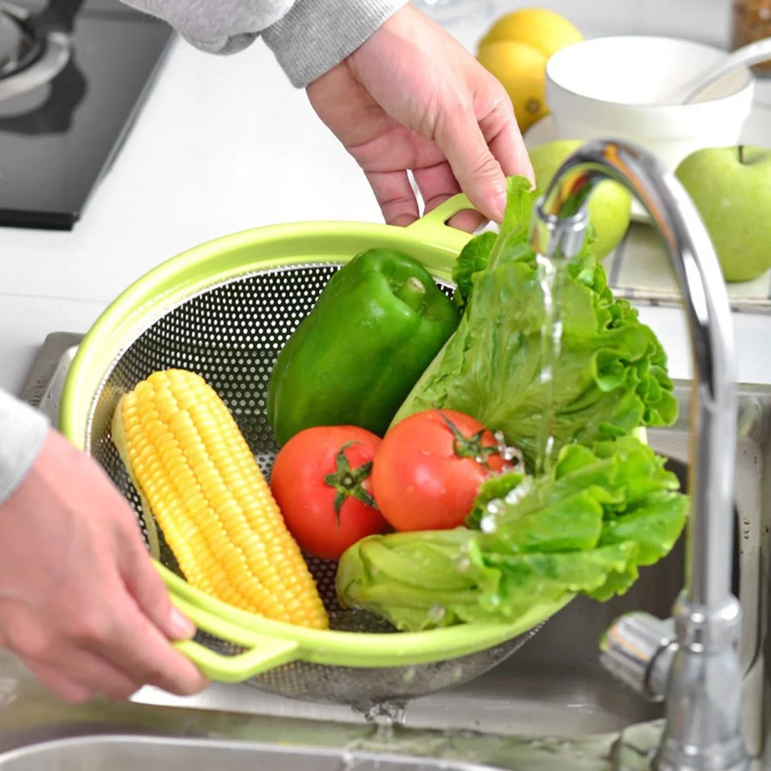 Stainless Steel Colander with Handle, Large Metal Green Strainer for Pasta, Spaghetti, Berry, Veggies, Fruits, Kitchen Food Colander, Dishwasher Safe image 1