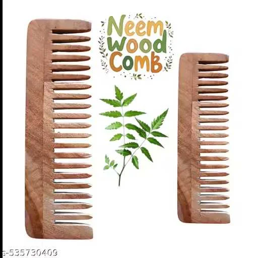 Herbal Neem Wood Hair Comb Set of 2 – Handcrafted Anti Hair Fall Detangling Comb for Dandruff Control, Scalp Massage, Static Free Healthy Hair Care for Men Women image 1