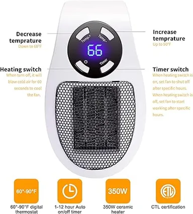 DAONEG 350W Plug In Radiant Space Heater 120V Fast Heating Energy Efficient Mini Room Heater with Thermostat Timer LED Display for Bedroom Home Office Indoor Use thumbnail 1