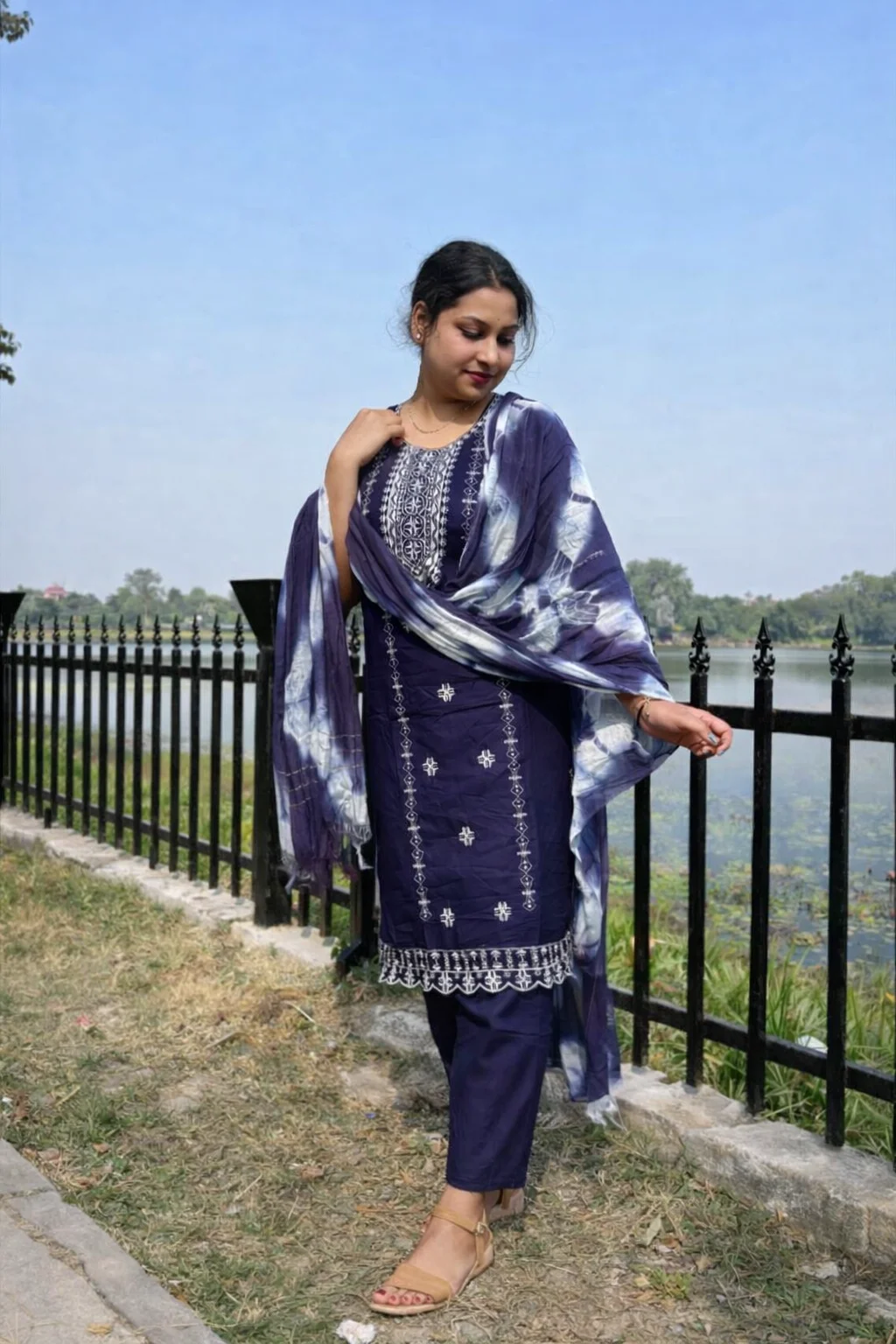 Women Navy Blue Embroidered Rayon Kurta Pant Dupatta Set 3 Piece Ethnic Salwar Suit Casual Daily Wear Office Festive Kurti Set India image 1