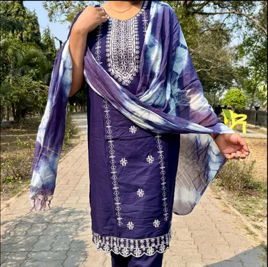 Women Navy Blue Embroidered Rayon Kurta Pant Dupatta Set 3 Piece Ethnic Salwar Suit Casual Daily Wear Office Festive Kurti Set India thumbnail 1