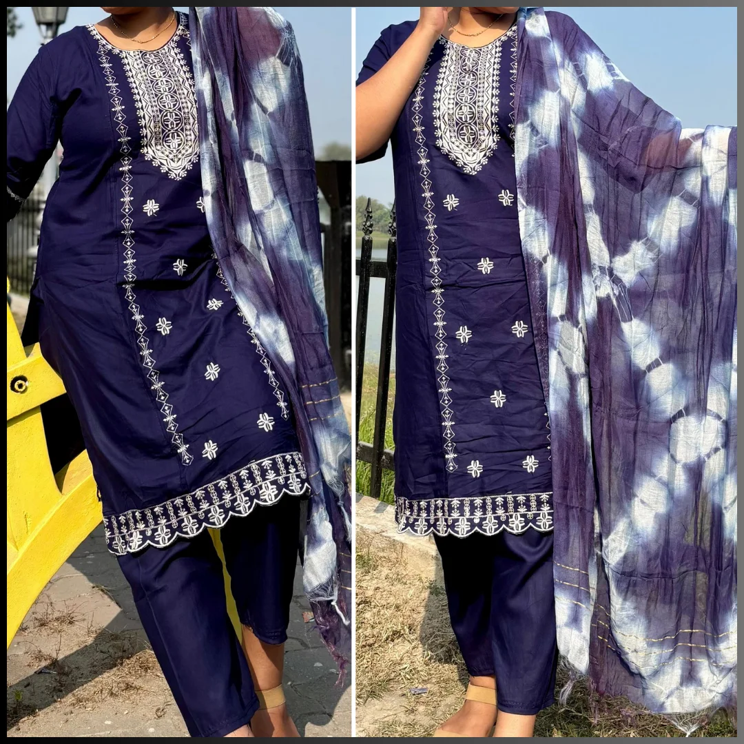 Women Navy Blue Embroidered Rayon Kurta Pant Dupatta Set 3 Piece Ethnic Salwar Suit Casual Daily Wear Office Festive Kurti Set India image 4
