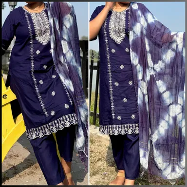 Women Navy Blue Embroidered Rayon Kurta Pant Dupatta Set 3 Piece Ethnic Salwar Suit Casual Daily Wear Office Festive Kurti Set India thumbnail 3