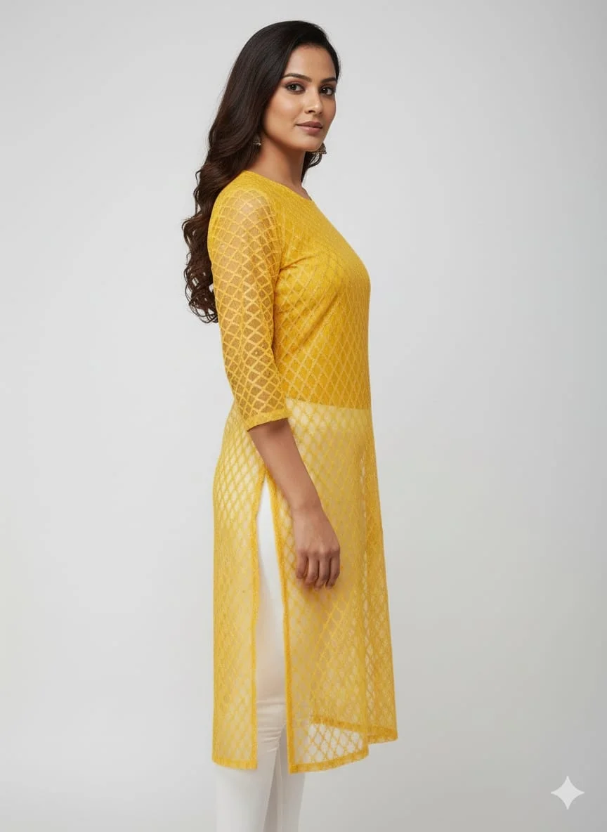 Yellow Net Kurti for Women, Stylish Ethnic Top, Party & Casual Wear, Lightweight Summer Kurti, Embroidered or Printed Designs, Sizes S–XL image 2