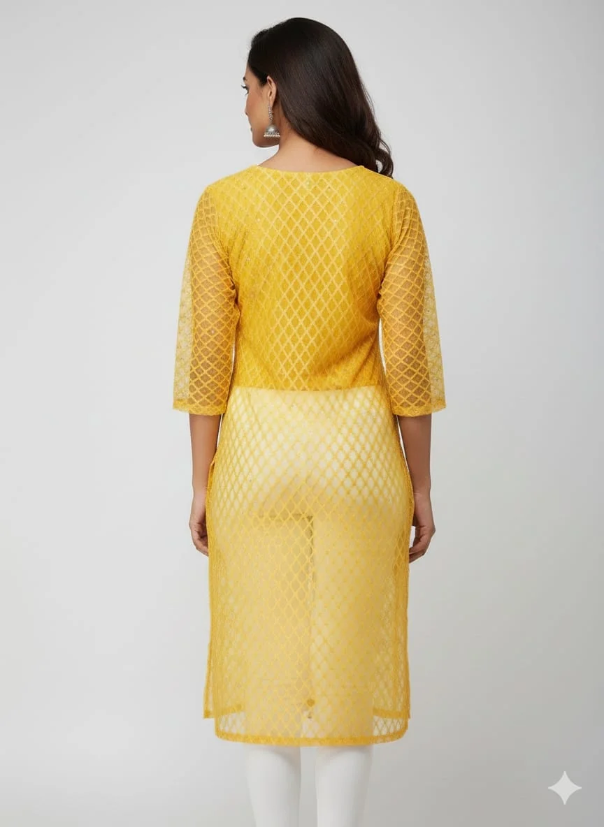 Yellow Net Kurti for Women, Stylish Ethnic Top, Party & Casual Wear, Lightweight Summer Kurti, Embroidered or Printed Designs, Sizes S–XL image 3