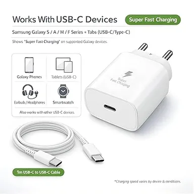 25W Super Fast Charging PD Charger for Samsung Galaxy S26 S25 Ultra S24 FE A56 A36 A16 M55 5G F55 Z Fold Series with Type C to C Cable BIS Certified Fast Charger Adapter thumbnail 1