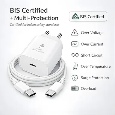 25W Super Fast Charging PD Charger for Samsung Galaxy S26 S25 Ultra S24 FE A56 A36 A16 M55 5G F55 Z Fold Series with Type C to C Cable BIS Certified Fast Charger Adapter thumbnail 2
