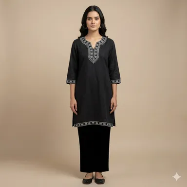 V-Neck Black Short Kurti for Women, Stylish Ethnic Top, Party & Casual Wear, Cotton|Net Fabric, Comfortable Summer Kurti| Sizes S–XL thumbnail 0