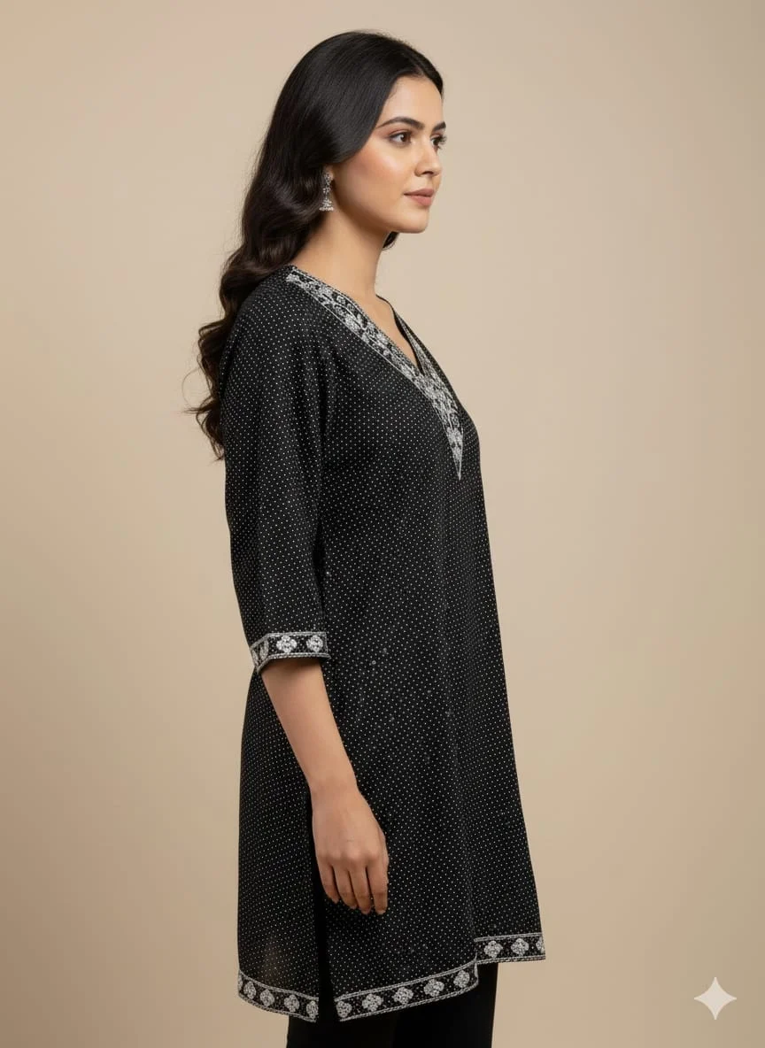 V-Neck Black Short Kurti for Women, Stylish Ethnic Top, Party & Casual Wear, Cotton|Net Fabric, Comfortable Summer Kurti| Sizes S–XL image 2