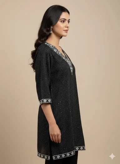V-Neck Black Short Kurti for Women, Stylish Ethnic Top, Party & Casual Wear, Cotton|Net Fabric, Comfortable Summer Kurti| Sizes S–XL thumbnail 1