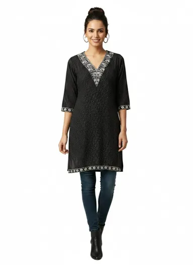 V‑Neck Black Short Kurti for Women Indian Ethnic Casual Wear Stylish Black Kurti Top Plus Size Tunic Blouse Daily Office Party Festive Outfit thumbnail 0