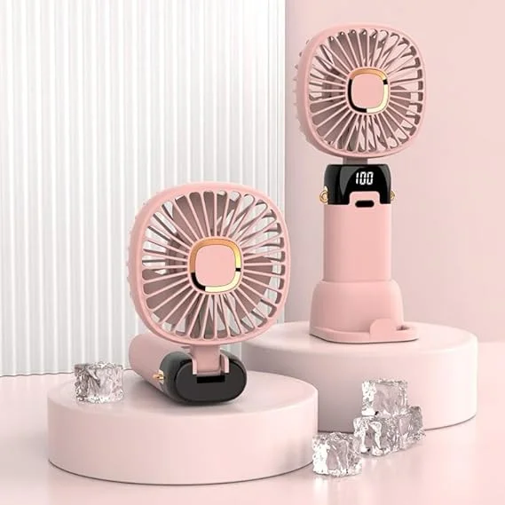 Portable Hand Held Mini USB Rechargeable Fan 5000mAh 5 Speed Foldable Personal Travel Desk Fan for Camping Outdoor Office Home Pink image 1