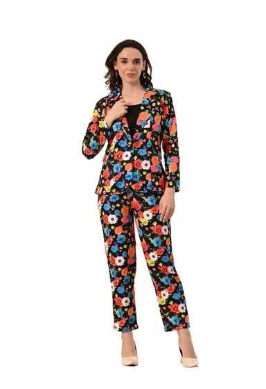 Women’s 3-Piece Cotton Blend Suit Set – Formal Blazer, High-Waist Pants & Camisole Top | Elegant Office Wear & Business Attire for Work, Meetings, and Events EW PRINTED FLORAl 3PS SUIT S thumbnail 0