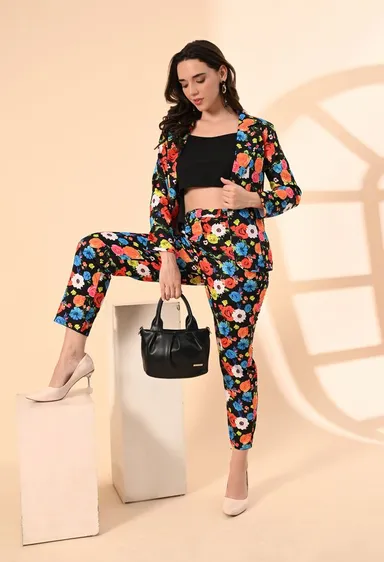 Women’s 3-Piece Cotton Blend Suit Set – Formal Blazer, High-Waist Pants & Camisole Top | Elegant Office Wear & Business Attire for Work, Meetings, and Events EW PRINTED FLORAl 3PS SUIT L thumbnail 3